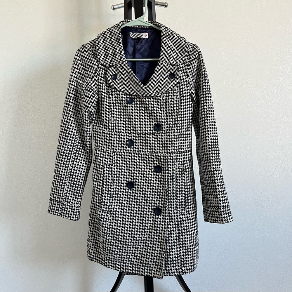 Women's VOLCOM Blue Houndstooth Lined Double Breasted Jacket Coat Sz XS